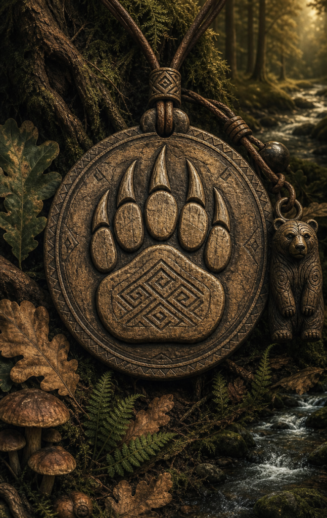 Starodavni slovanski amulet Velesov pečat v obliki medvedje tace iz klesanega lesa, obdan z mističnimi gozdnimi detajli in mahom.