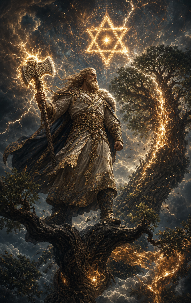 Mogočni slovanski bog Perun z brado in bojevniško sekiro sredi nevihte, z bliski in strelami v ozadju.