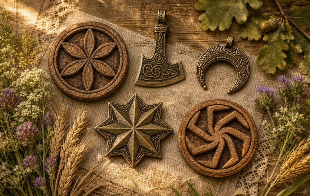 Tradicionalni slovanski zaščitni simboli kot talismani in amuleti iz lesa in brona: Perunova sekira, rozeta, lunica, alatyr in sončni kolovrat yarovrat na platnu obdan z zelišči.