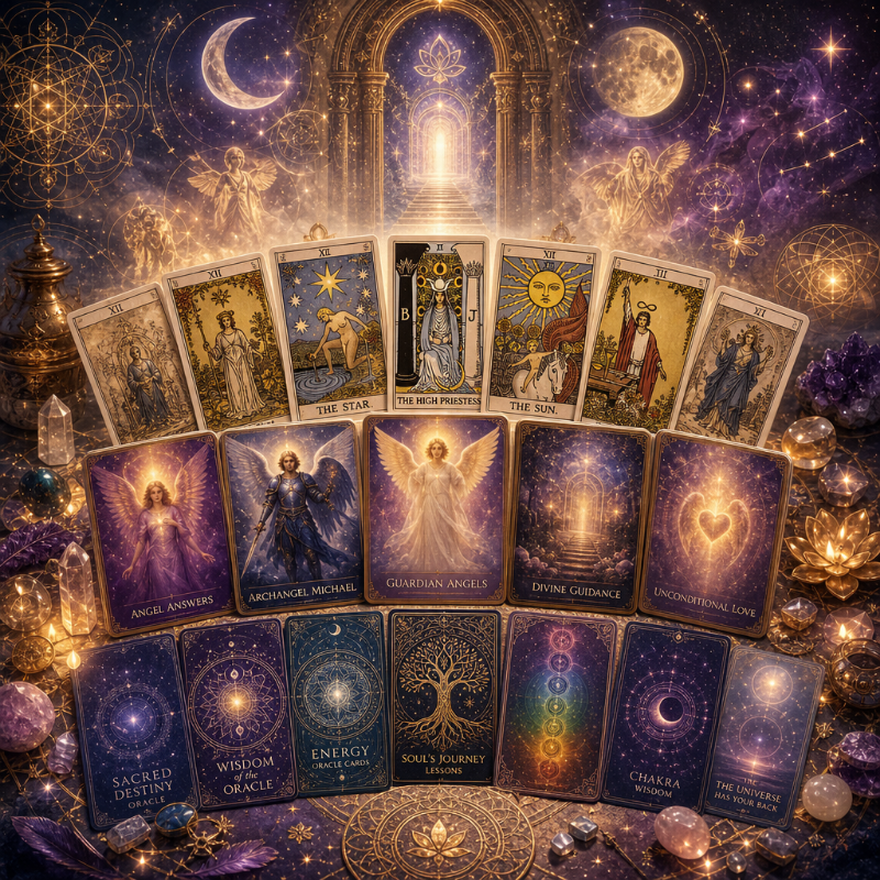 Razprostrene vedeževalske karte za Tarot in čiščenje kart