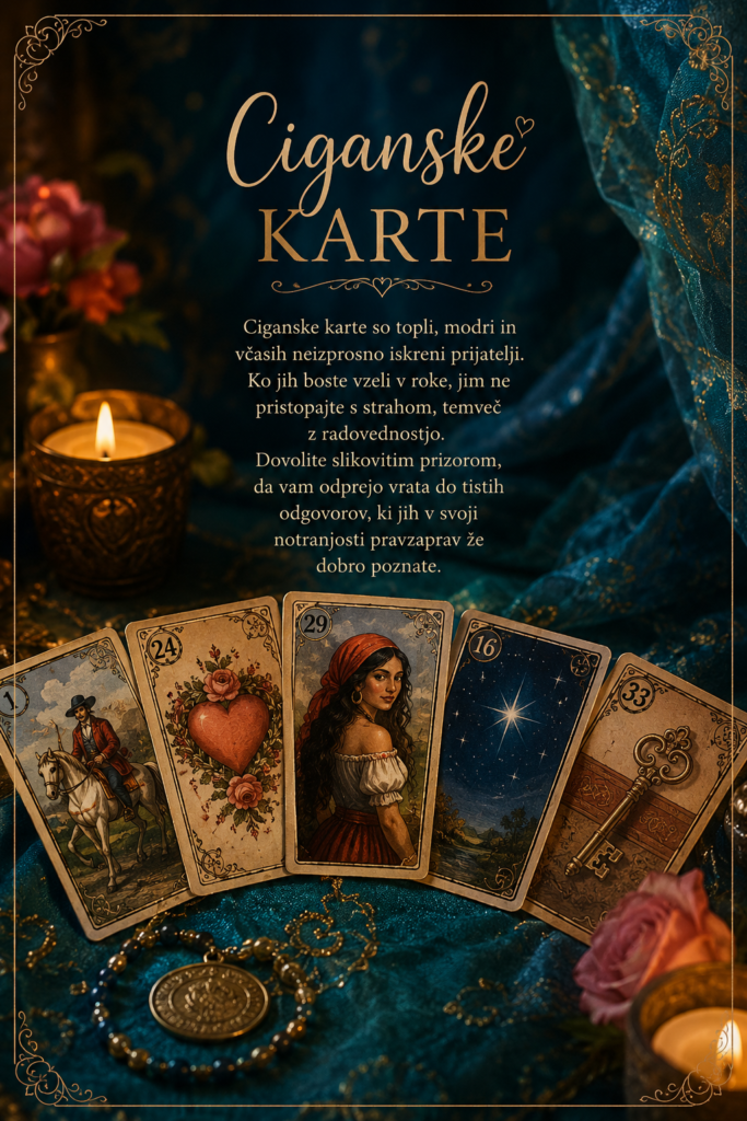 Razprostrene tradicionalne ciganske karte s svečo za vedeževanje