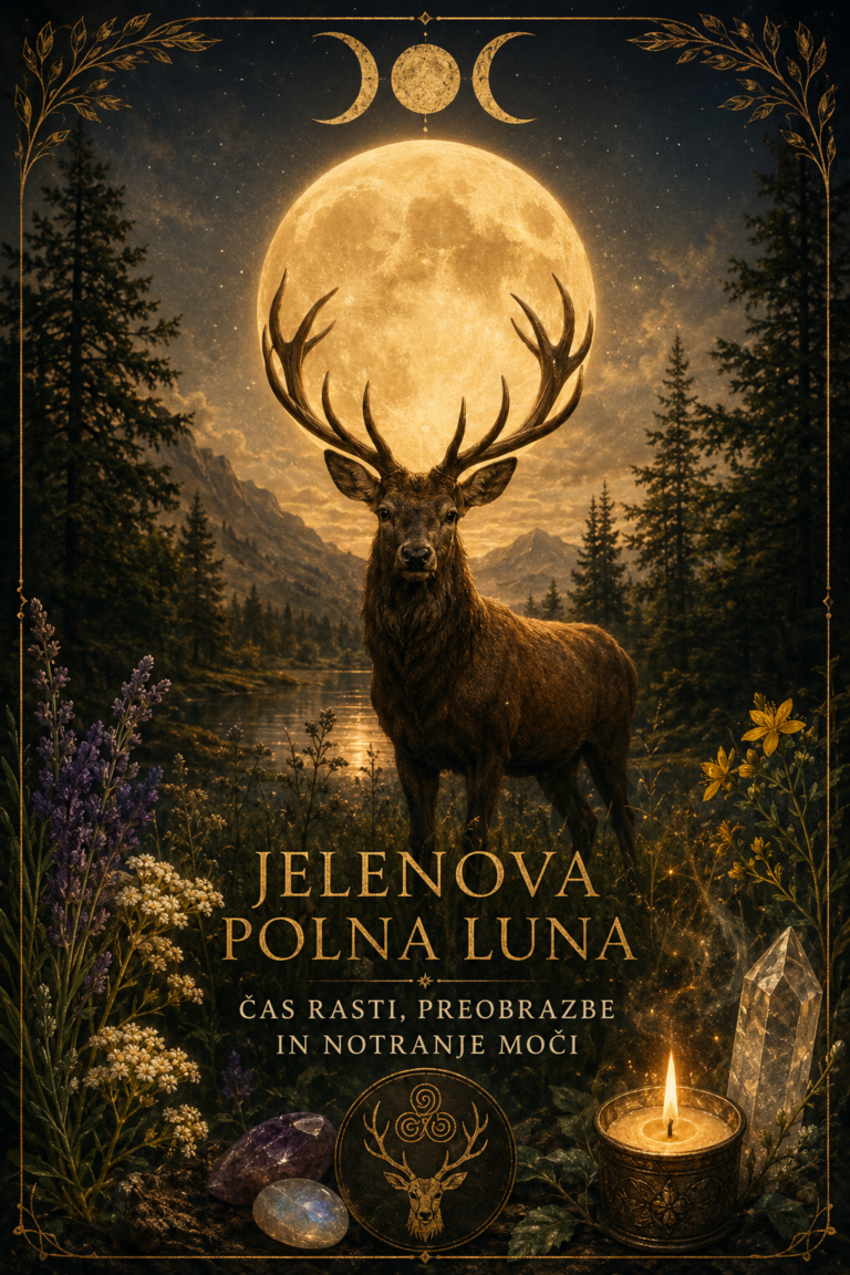 Jelen pred veliko polno luno v gozdu - Jelenova luna