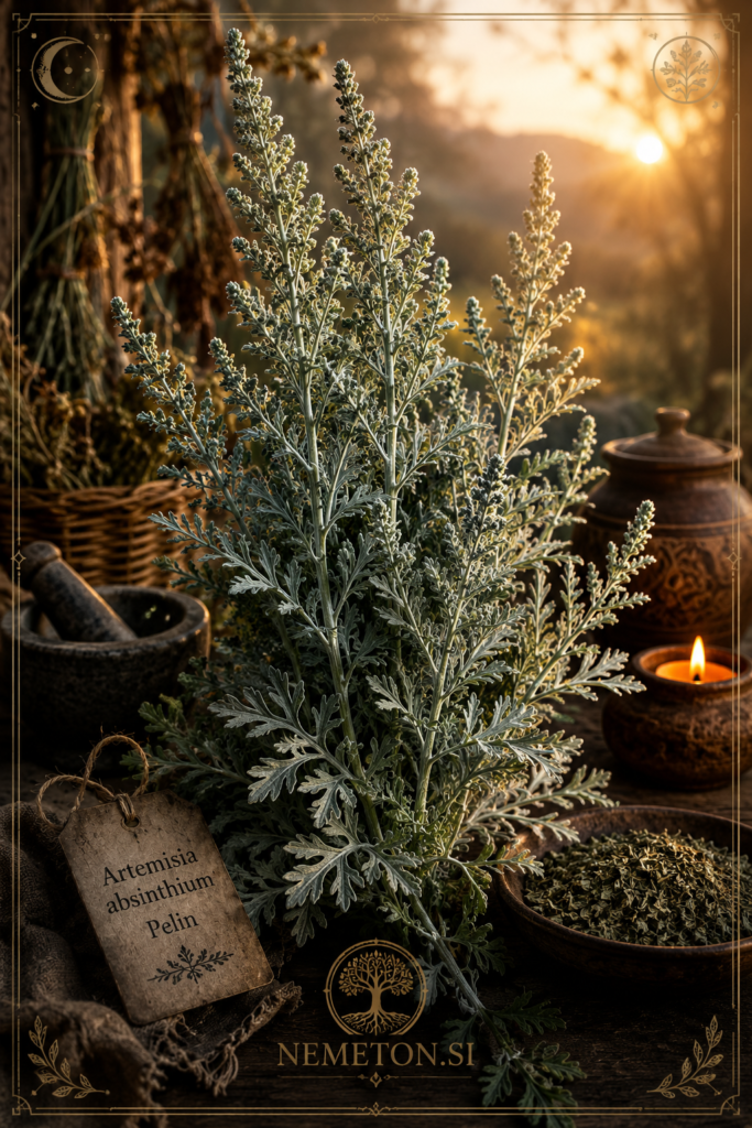 Pelin (Artemisia absinthium) na poletnem travniku v mistični zlati svetlobi
