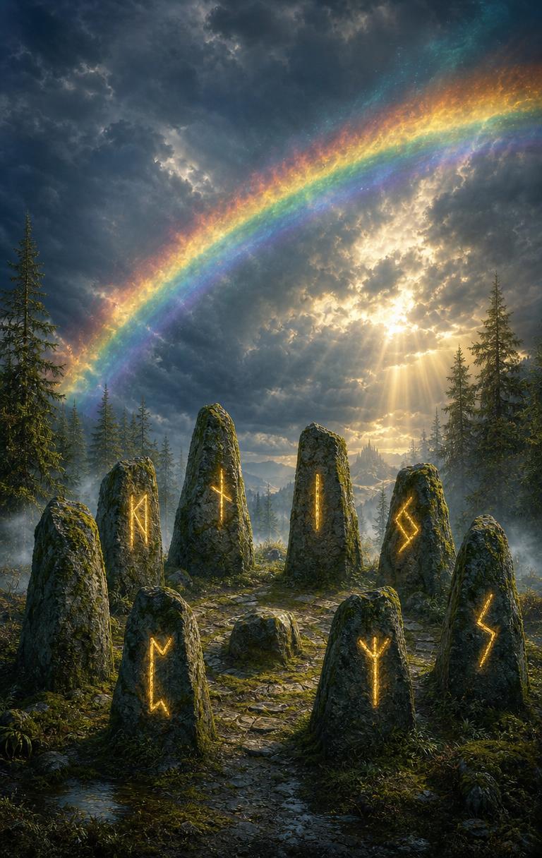 Nordijske rune Heimdallov Aett pod mavričnim mostom Bifrost v šamanskem svetu