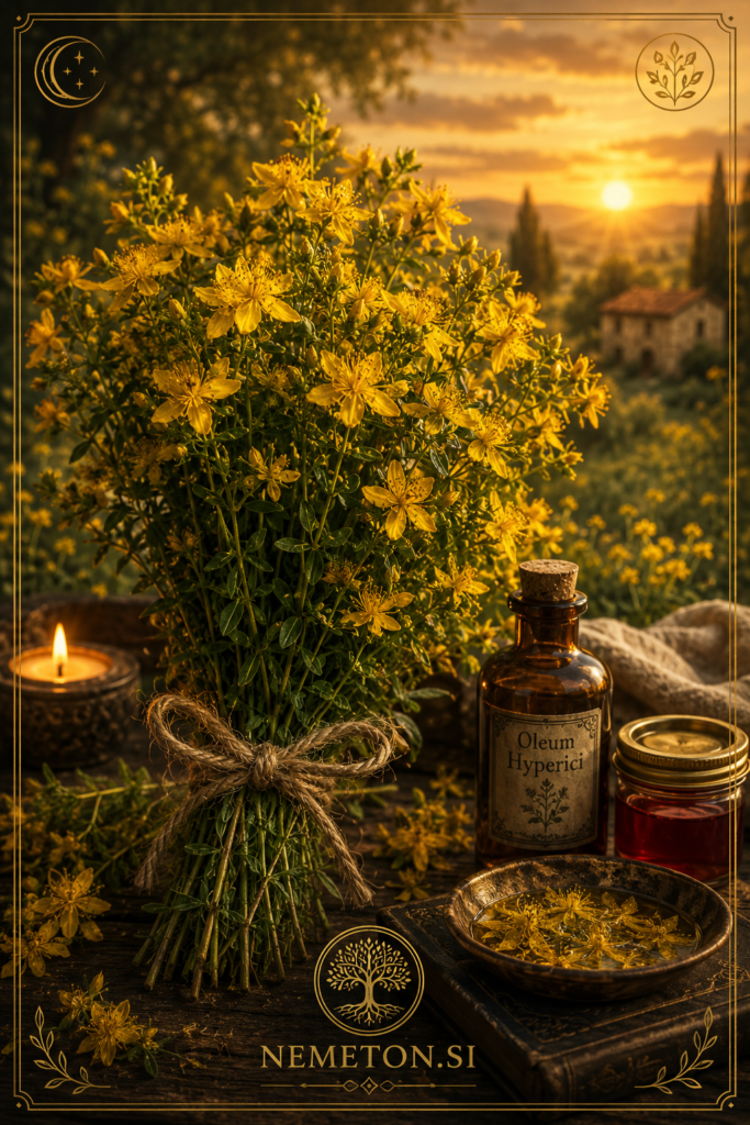 Šentjanževka (Hypericum perforatum) v naravnem travniku ob sončnem zahodu