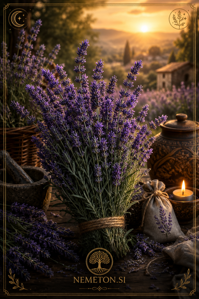 Cvetoča sivka (Lavandula angustifolia) v zlati večerni svetlobi – simbol miru, čistosti in notranjega ravnovesja