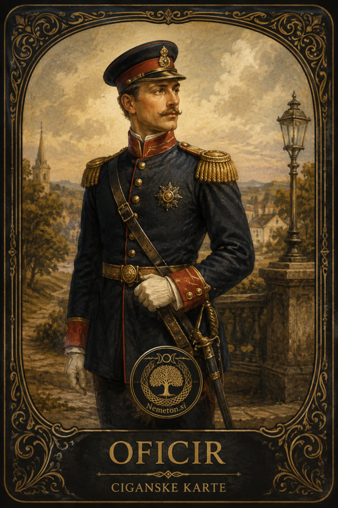 Ciganska karta Oficir – simbol avtoritete, reda, discipline, odgovornosti in odločnosti.