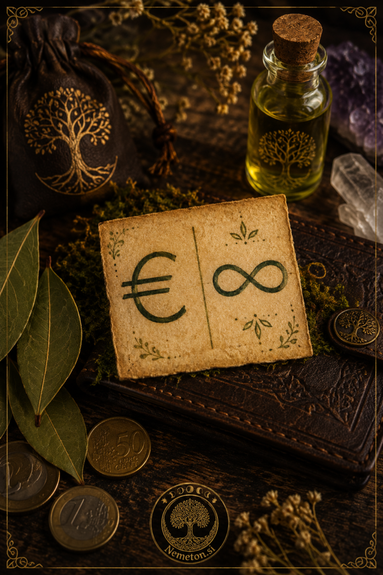 Žepni talisman za obilje z evro simbolom, simbolom neskončnosti, lovorjevimi listi in oljem za privabljanje obilja.